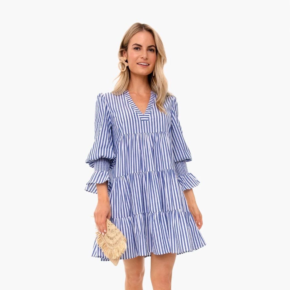 Kenzo Blue and White Striped Long Sleeve Tiered Dress